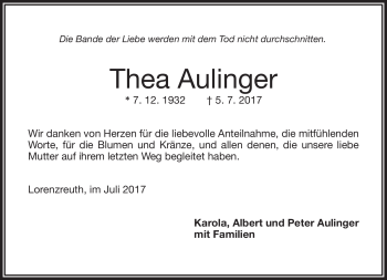 Traueranzeige von Thea Aulinger von Frankenpost