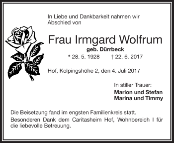 Traueranzeige von Irmgard Wolfrum von Frankenpost