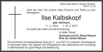 Traueranzeige von Ilse Kalbskopf von Frankenpost