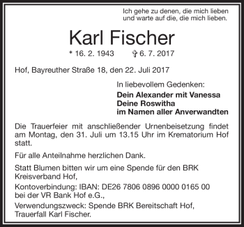 Traueranzeige von Karl Fischer von Frankenpost