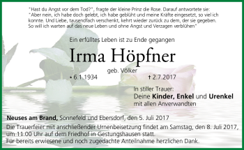 Traueranzeige von Irma Höpfner von Neue Presse Coburg