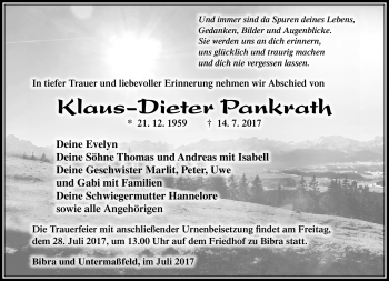 Traueranzeige von Klaus-Dieter Pankrath von Südthüringer Presse