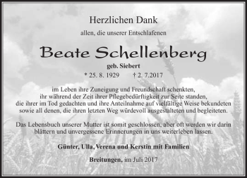 Traueranzeige von Beate Schellenberg von Südthüringer Presse