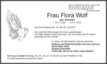 Traueranzeige von Flora Wolf von Frankenpost