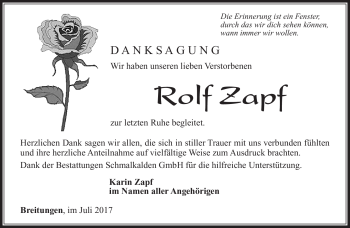 Traueranzeige von Rolf Zapf von Südthüringer Presse