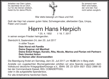 Traueranzeige von Hans Herpich von Frankenpost