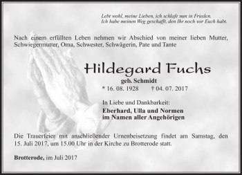 Traueranzeige von Hildegard Fuchs von Südthüringer Presse