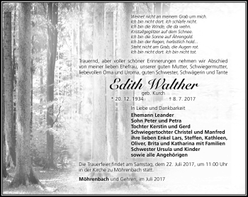 Traueranzeige von Edith Walther von Südthüringer Presse