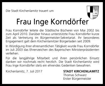 Traueranzeige von Inge Korndörfer von Frankenpost