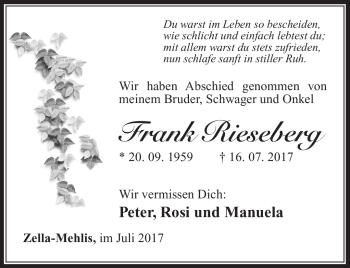 Traueranzeige von Frank Rieseberg von Südthüringer Presse