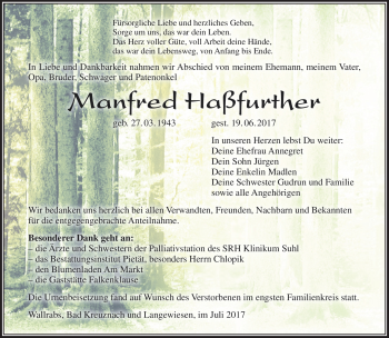 Traueranzeige von Manfred Haßfurther von Südthüringer Presse