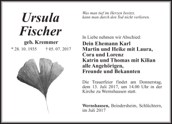 Traueranzeige von Ursula Fischer von Südthüringer Presse