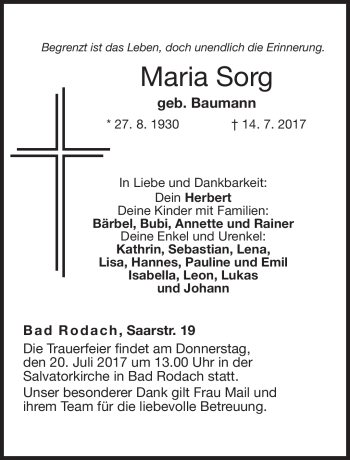 Traueranzeige von Maria Sorg von Neue Presse Coburg