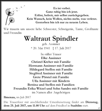 Traueranzeige von Waltraut Spindler von Südthüringer Presse