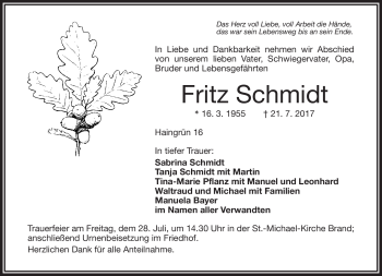 Traueranzeige von Fritz Schmidt von Frankenpost