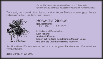 Traueranzeige von Roswitha Griebel von Südthüringer Presse