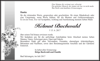 Traueranzeige von Helmut Buchwald von Südthüringer Presse