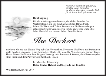 Traueranzeige von Ilse Deckert von Südthüringer Presse