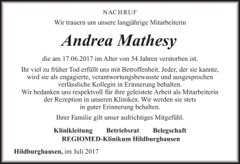 Traueranzeige von Andrea Mathesy von Südthüringer Presse