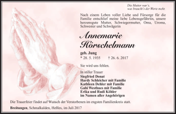 Traueranzeige von Annemarie Hörschelmann von Südthüringer Presse