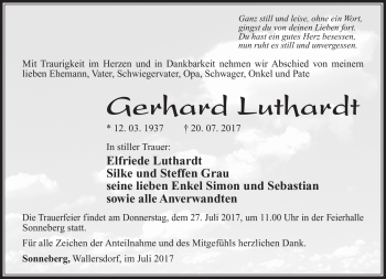 Traueranzeige von Gerhard Luthardt von Südthüringer Presse