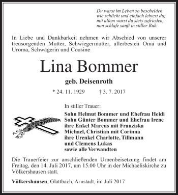Traueranzeige von Lina Bommer von Südthüringer Presse