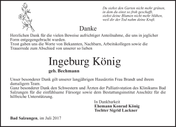 Traueranzeige von Ingeburg König von Südthüringer Presse