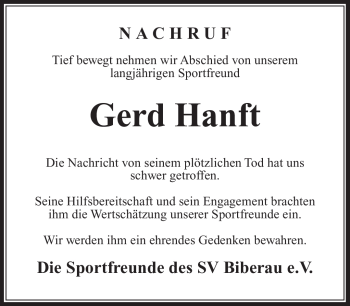 Traueranzeige von Gerd Hanft von Südthüringer Presse