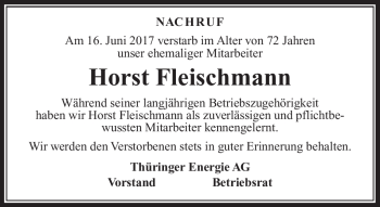 Traueranzeige von Horst Fleischmann von Südthüringer Presse