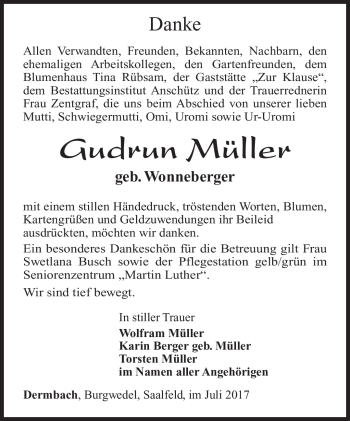 Traueranzeige von Gudrun Müller von Südthüringer Presse