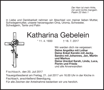Traueranzeige von Katharina Gebelein von Neue Presse Coburg