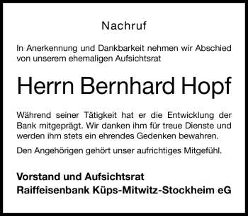 Traueranzeige von Bernhard Hopf von Neue Presse Coburg