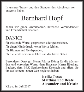 Traueranzeige von Bernhard Hopf von Neue Presse Coburg