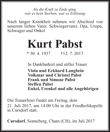 Traueranzeige von Kurt Pabst von Südthüringer Presse