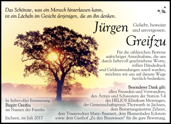 Traueranzeige von Jürgen Greifzu von Südthüringer Presse