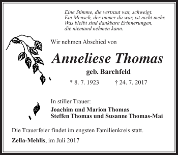 Traueranzeige von Anneliese Thomas von Südthüringer Presse