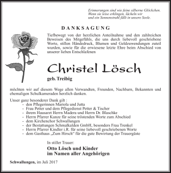 Traueranzeige von Christel Lösch von Südthüringer Presse