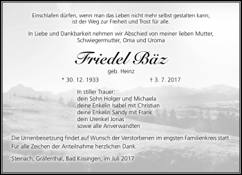 Traueranzeige von Friedel Bäz von Südthüringer Presse