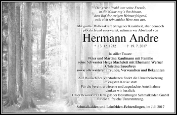 Traueranzeige von Hermann Andre von Südthüringer Presse
