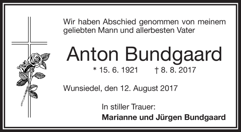  Traueranzeige für Anton Bundgaard vom 12.08.2017 aus Frankenpost