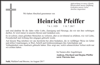 Traueranzeige von Heinrich Pfeiffer von Südthüringer Presse