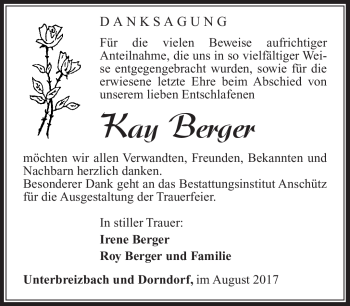 Traueranzeige von Kay Berger von Südthüringer Presse