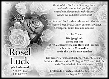 Traueranzeige von Rosel Luck von Südthüringer Presse
