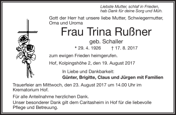 Traueranzeige von Trina Rußner von Frankenpost