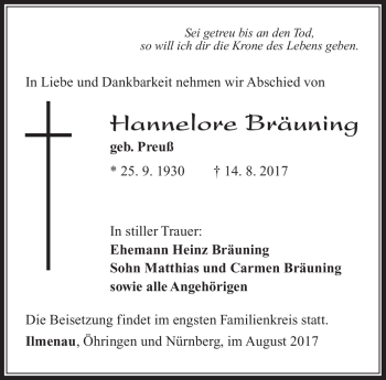 Traueranzeige von Hannelore Bräuning von Südthüringer Presse
