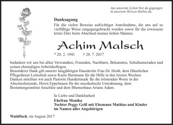 Traueranzeige von Achim Malsch von Südthüringer Presse