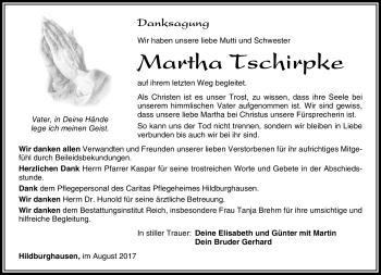 Traueranzeige von Martha Tschirpke von Südthüringer Presse