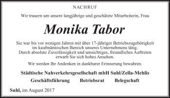 Traueranzeige von Monika Tabor von Südthüringer Presse