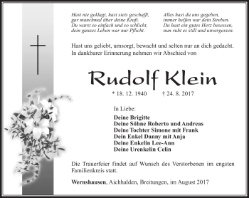 Traueranzeige von Rudolf Klein von Südthüringer Presse
