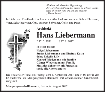 Traueranzeige von Hans Liebermann von Südthüringer Presse